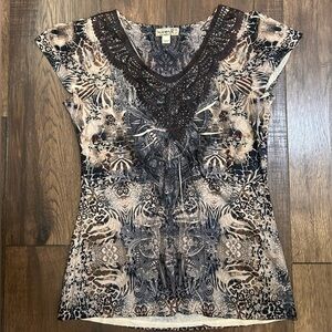 Y2K One World V Neck Brown Lace Animal Print Babydoll Blouse